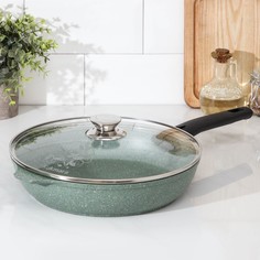 Сковорода 26 см, съёмная ручка, стеклянная крышка фисташковый мрамор Kukmara