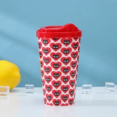 Стакан пластиковый с крышкой IZI-GO, 550 мл, 9,3х9,1х15,8 см, декор Котик, цвет красный No Brand