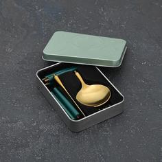 Набор столовых приборов Parts, 3 шт., разборные, металла золотой, ручки зеленый No Brand