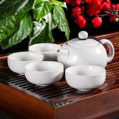 Чайный набор керамический "Небо", 5 предметов чайник 200 мл, 4 чашки, 50 мл, белый No Brand