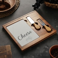 Набор для подачи сыра Доляна "Мрамор", 2 ножа, доска квадратная, акация