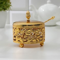 Сахарница "Букет", 10х10 см, с ложкой, крышкой, золотой No Brand