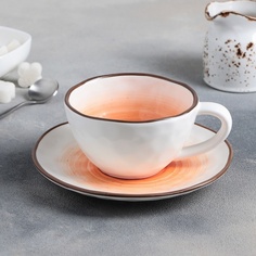 Чайная пара Доляна керамическая "Космос", чашка 250 мл, блюдце 16 см, оранжевый