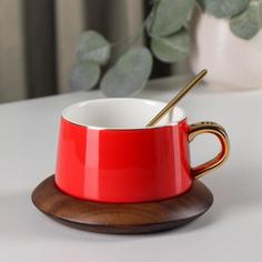 Чайная пара керамическая с ложкой "Улун", чашка 280 мл, блюдце 13 см, красный No Brand
