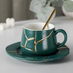 Чайная пара керамическая "Кракле с золотом", чашка 250 мл, блюдце, ложка, зеленый No Brand