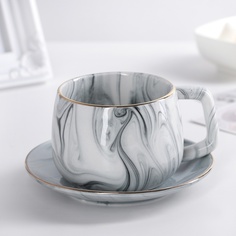 Чайная пара керамическая "Мрамор", чашка 250 мл, блюдце 13,5 см, серый No Brand