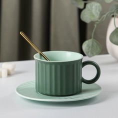 Чайная пара керамическая "Профитроль", чашка 200 мл, блюдце 13,7 см, зеленый/мятный No Brand