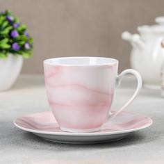 Чайная пара Доляна керамическая "Мрамор", чашка 200 мл, блюдце 14,5 см, розовый