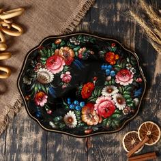 Поднос Sima-land с жостовской росписью, 38х31 см, сталь (АА94)