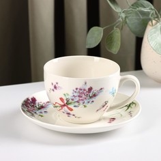 Чайная пара Доляна фарфоровая "Лаванда", чашка 250 мл, блюдце 15 см