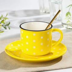 Чайная пара керамическая "Горошек", чашка 220 мл, блюдце 15 см, ложка, желтый No Brand