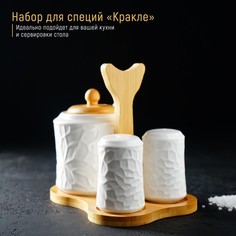 Набор для специй Доляна фарфоровый Кракле, 3 шт. солонка, перечница, сахарница, ложка