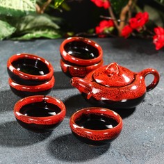 Чайный набор керамический Лунное озеро, 7 предметов чайник 150 мл, 6 пиал 50 мл, красный No Brand