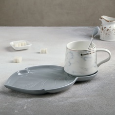 Чайная пара керамическая "Листочек", чашка 320 мл, блюдце 25,5х16 см, ложка, серый No Brand