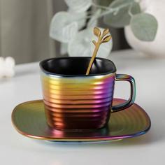 Чайная пара керамическая Rainbow, чашка 200 мл, блюдце 14,5 см, ложка No Brand