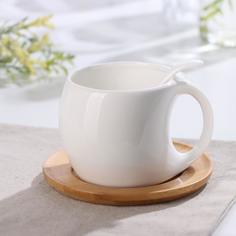 Чайная пара керамическая "Эстет", чашка 220 мл, деревянное блюдце No Brand