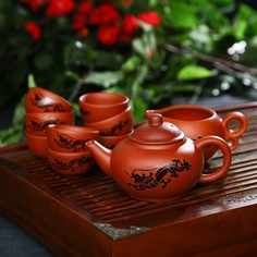 Чайный набор керамический Дракон, 10 шт. чайник 14х9,5х8,5 см, 8 чашек 5х3 см, чахай 150 м No Brand