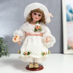 Кукла коллекционная керамика "Шелли в белом платье, шляпе и с розой" 30 см No Brand