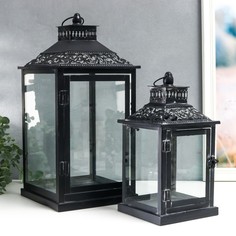 Подсвечник металл, стекло Этна черный набор 2 шт 19х19х39 см, 14х14х27 см No Brand