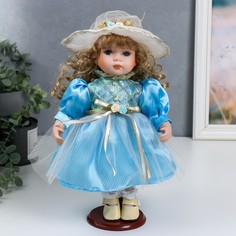 Кукла коллекционная керамика "Наташа в нежно-голубом платье в шляпке" 30 см No Brand