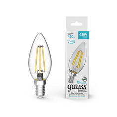 Упаковка ламп 10 штук Лампа Gauss Basic Filament Свеча 4,5W 420lm 4100К Е14 LED