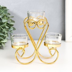Подсвечник металл, стекло на 3 свечи "Завитки" d-4,5 см золото 14х7,5х15 см No Brand