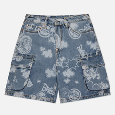 Мужские шорты Evisu Heritage Graffiti Daruma All Over Discharged Denim Cargo голубой