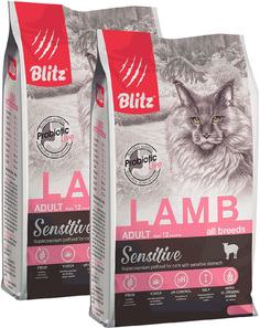 Сухой корм для кошек Blitz Sensitive Adult Cat Lamb с ягненком, 2 шт по 0,4 кг