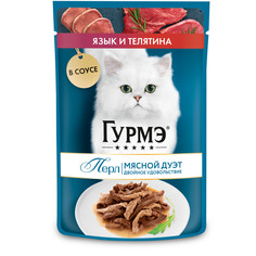 Влажный корм для кошек Gourmet Перл Мясной Дуэт с языком и телятиной в соусе, 75 г