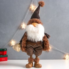 Кукла интерьерная "Дед Мороз в коричневой шубке с мешком подарков" 27х14х62 см No Brand