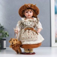 Кукла коллекционная керамика "Сонечка в бежевом платье в горох, с медведем" 30 см No Brand