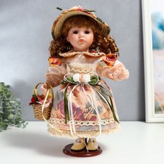 Кукла коллекционная керамика "Клара в платье с розами, шляпке и с корзинкой" 30 см No Brand