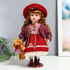 Кукла коллекционная керамика "Элла в бордовом платье, шляпе и с мишкой" 30 см No Brand