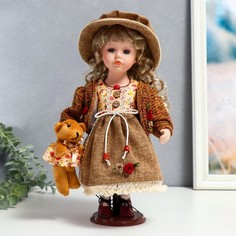 Кукла коллекционная керамика "Глория в кантри платье и шляпе, с мишкой" 30 см No Brand