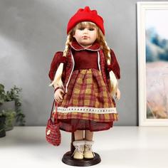 Кукла коллекционная керамика "Марина в бордовом платье в клетку" 40 см No Brand