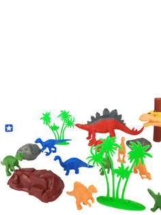 Фигурки динозавров 14 в 1 с аксессуарами (камни, кусты, бревна) No Brand
