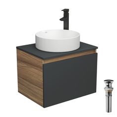 Комплект для ванной, 4 предмета Bau (Тумба 60, графит + раковина D41 + смеситель + выпуск) Bauedge