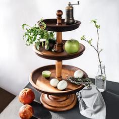 Трёхъярусная ваза для фруктов и сладостей из натурального кедра Mаgistrо, 47 см,шоколадный No Brand