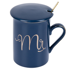 Кружка фарфоровая с крышкой и ложкой Mr (синяя) v=340 мл KENG-1060064-3 Nouvelle