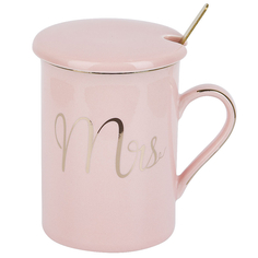 Кружка фарфоровая с крышкой и ложкой Mrs (розовая) v=340 мл KENG-1060064-2 Nouvelle