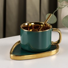 Чайная пара керамическая с ложкой "Капля", чашка 240 мл, блюдце 15,3х11,6 см, изумруд No Brand
