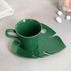 Чайная пара «Монстера», кружка 100 мл, блюдце 15х14 см Dolce Ceramo.