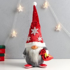 Кукла интерьерная Дед Мороз с мешком, бархатный красный колпак со снежинками 48х20х15 см No Brand