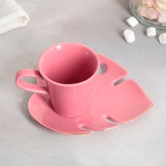 Чайная пара «Розовая монстера», кружка 100 мл, блюдце 15х14 см Dolce Ceramo.
