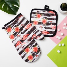 Кухонный набор Доляна Фламинго, прихватка 16x16 , рукавица 25x16 , 100% п/э