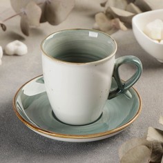 Чайная пара керамическая "Аура", чашка 200 мл, блюдце 13 см, серо-зеленый No Brand