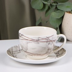Чайная пара Доляна фарфоровая "Мрамор", чашка 280 мл, блюдце 15 см