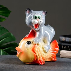 Копилка "Кот на рыбке" серый, 28см Хорошие сувениры