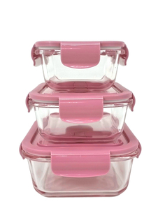 Контейнер для еды стеклянный герметичный ланч-бокс для продуктов, 3 шт, розовые URM