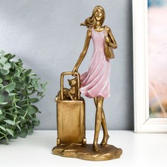 Сувенир полистоун "Девушка в розовом платье с чемоданом и котом" 10х12,5х25,5 см No Brand